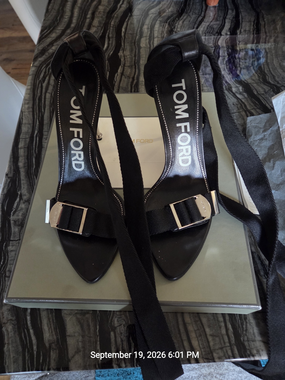 Tom Ford Black Satin Ankle-Tie Stiletto Heels With Silver Buckles